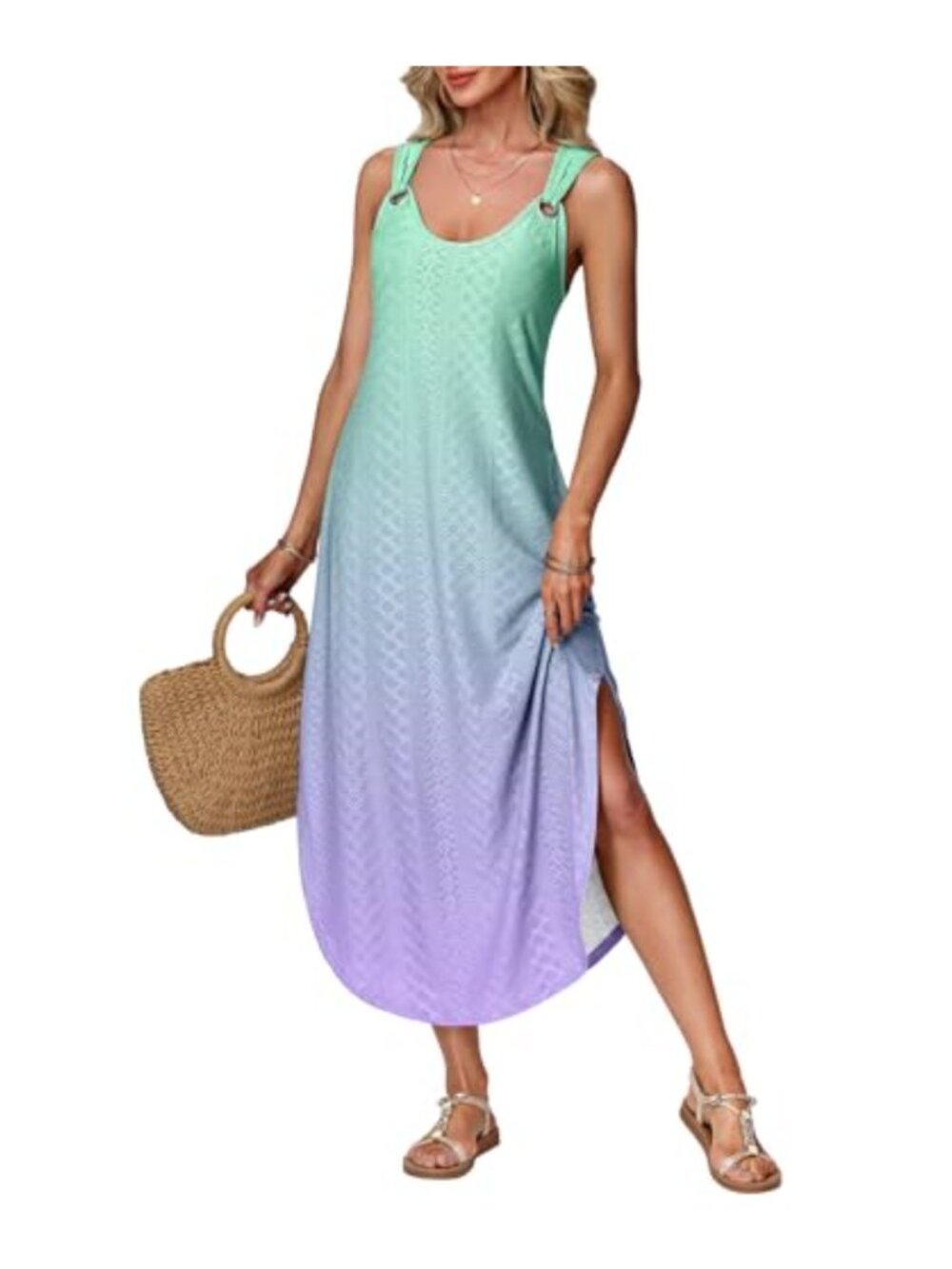Women's Sleeveless Maxi Dress Textured Knit O-Ring Wide Strap Beach Cover-Up
